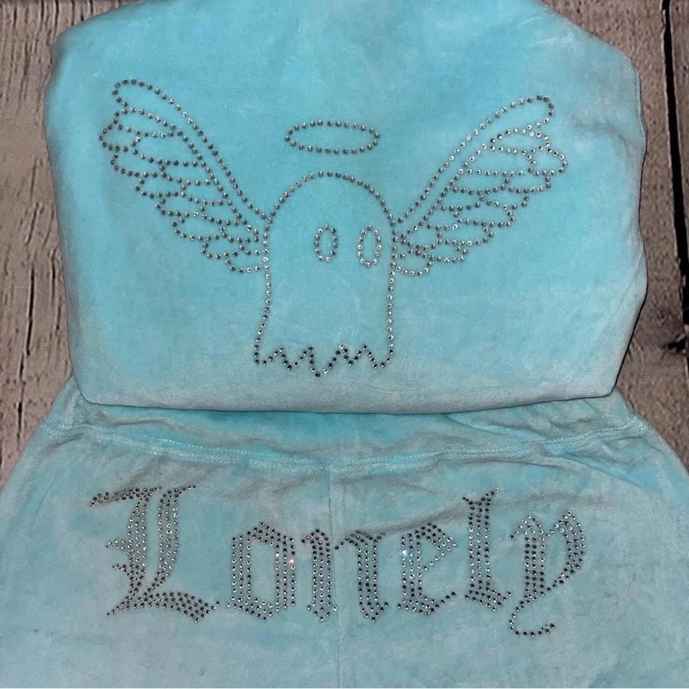 Vintage Y2K Lonely Ghost Blue Velour Bling Rhinestone Tracksuit Matching Set - Picture 4 of 15
